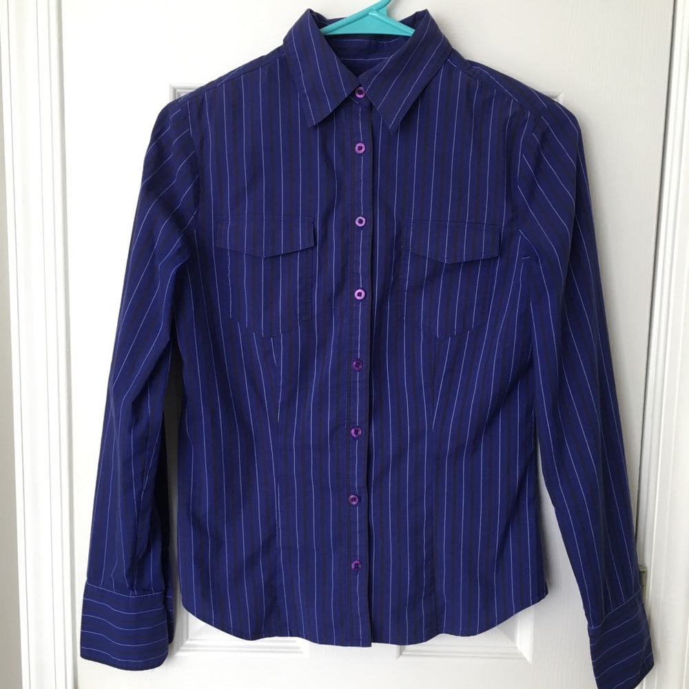 Blue Striped Express Stretch Button Down Shirt